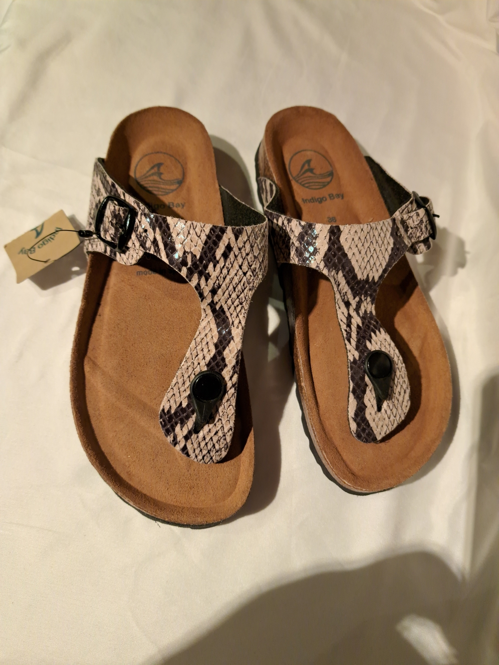 Indigo Bay Snake-Print T-Strap Sandals in Brown & Black